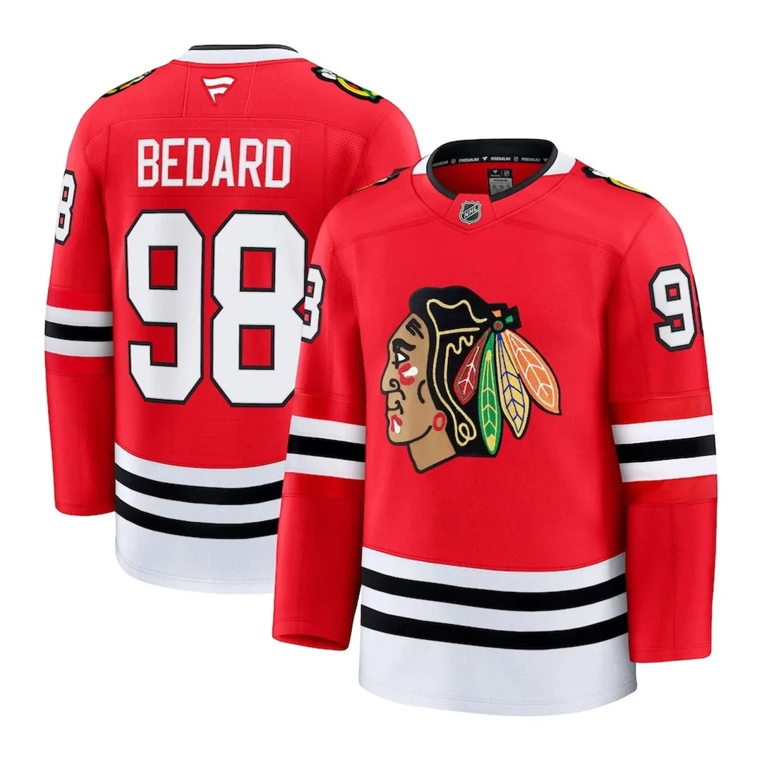 Red Chicago Blackhawks home jersey with the Blackhawks logo on the chest and Connor Bedard 98 on the back