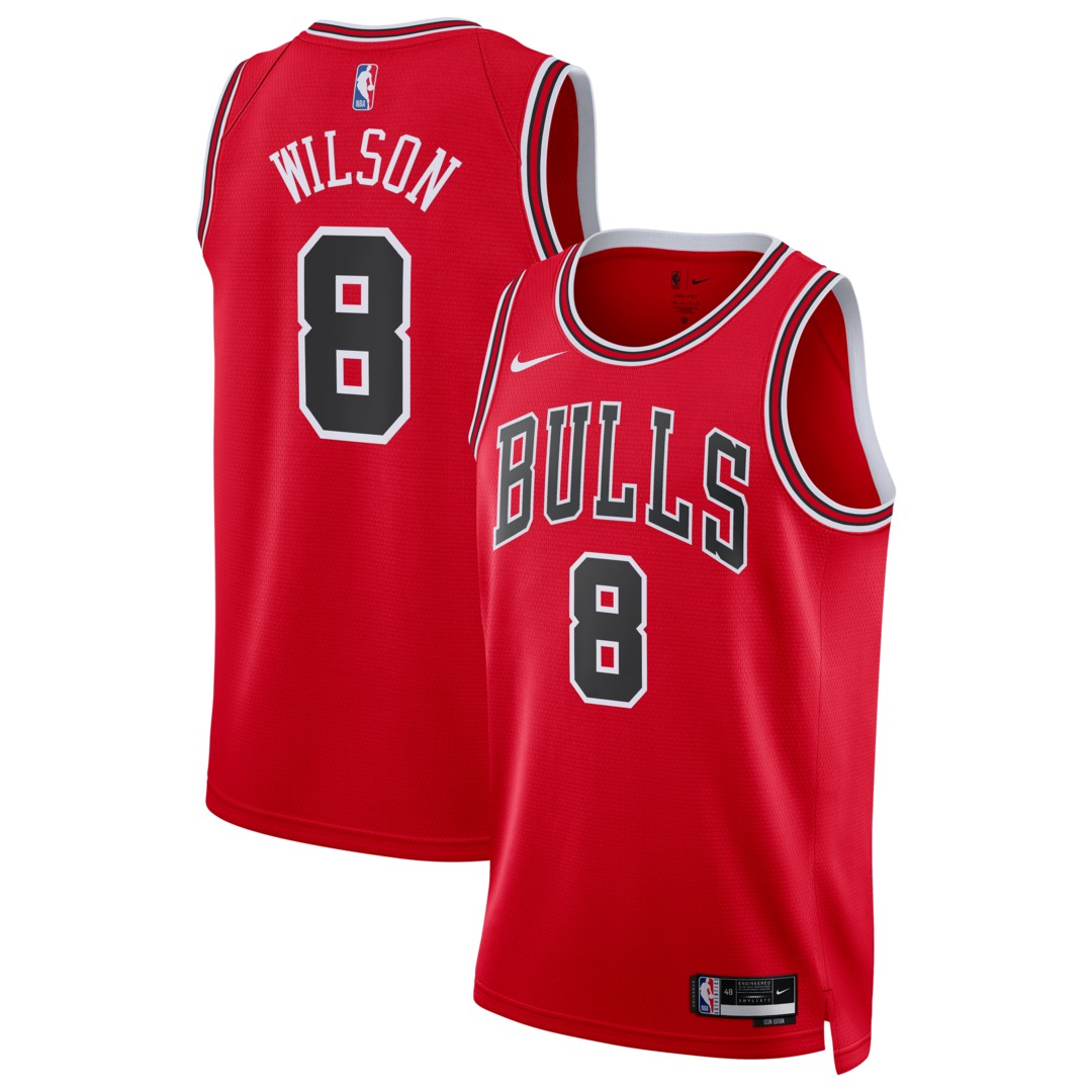 Red Chicago Bulls jersey with BULLS across the chest and Wilson 8 on the front and back