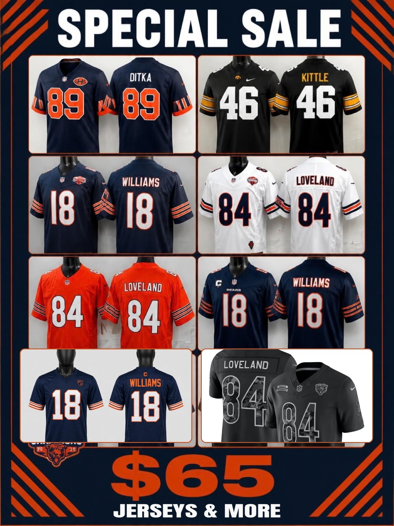 Sale collage showing Ditka, Kittle, Williams, and Loveland jersey styles in navy, black, white, and orange