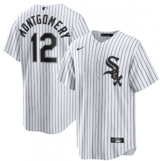 White pinstripe Chicago White Sox home jersey with the Sox logo on the chest and Colson Montgomery 12 on the back