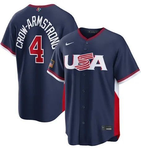 Navy Team USA baseball jersey with USA across the chest and Crow-Armstrong 4 on the back