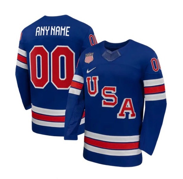 Royal blue Team USA hockey jersey with USA across the chest and Any Name 00 on the back